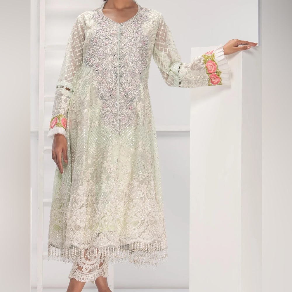 Designer 3 piece Pakistani formal wear light green, Rizwan Ahmed